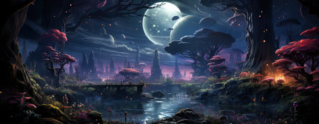 Mystical landscape with glowing trees, moonlit sky, and serene waters in a fantasy world setting. Perfect for dreamy designsの素材