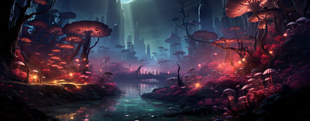 Mystical landscape with glowing trees, moonlit sky, and serene waters in a fantasy world setting. Perfect for dreamy designsの素材