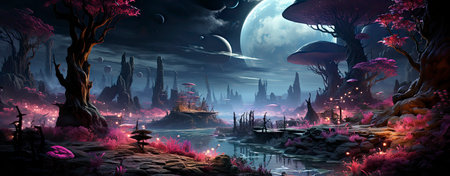 Mystical landscape with glowing trees, moonlit sky, and serene waters in a fantasy world setting. Perfect for dreamy designsの素材