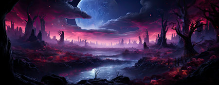 Mystical landscape with glowing trees, moonlit sky, and serene waters in a fantasy world setting. Perfect for dreamy designsの素材