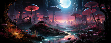 Mystical landscape with glowing trees, moonlit sky, and serene waters in a fantasy world setting. Perfect for dreamy designsの素材