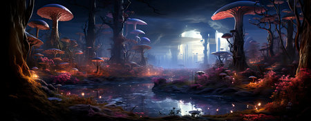Mystical landscape with glowing trees, moonlit sky, and serene waters in a fantasy world setting. Perfect for dreamy designsの素材