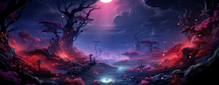 Mystical landscape with glowing trees, moonlit sky, and serene waters in a fantasy world setting. Perfect for dreamy designsの素材