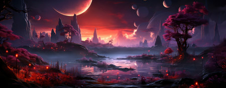 Mystical landscape with glowing trees, moonlit sky, and serene waters in a fantasy world setting. Perfect for dreamy designsの素材