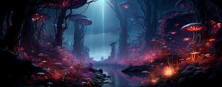 Mystical landscape with glowing trees, moonlit sky, and serene waters in a fantasy world setting. Perfect for dreamy designsの素材