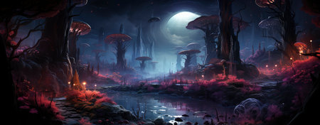 Mystical landscape with glowing trees, moonlit sky, and serene waters in a fantasy world setting. Perfect for dreamy designsの素材