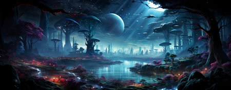 Mystical landscape with glowing trees, moonlit sky, and serene waters in a fantasy world setting. Perfect for dreamy designsの素材
