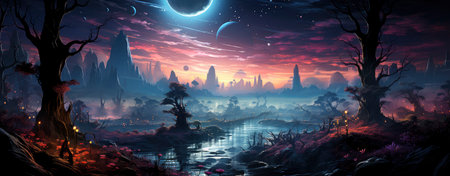 Mystical landscape with glowing trees, moonlit sky, and serene waters in a fantasy world setting. Perfect for dreamy designsの素材