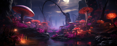 Mystical landscape with glowing trees, moonlit sky, and serene waters in a fantasy world setting. Perfect for dreamy designsの素材