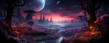 Mystical landscape with glowing trees, moonlit sky, and serene waters in a fantasy world setting. Perfect for dreamy designsの素材