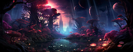 Mystical landscape with glowing trees, moonlit sky, and serene waters in a fantasy world setting. Perfect for dreamy designsの素材