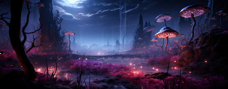 Mystical landscape with glowing trees, moonlit sky, and serene waters in a fantasy world setting. Perfect for dreamy designsの素材