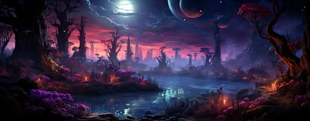Mystical landscape with glowing trees, moonlit sky, and serene waters in a fantasy world setting. Perfect for dreamy designsの素材