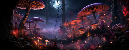 Mystical landscape with glowing trees, moonlit sky, and serene waters in a fantasy world setting. Perfect for dreamy designsの素材