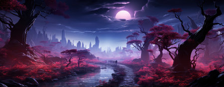 Mystical landscape with glowing trees, moonlit sky, and serene waters in a fantasy world setting. Perfect for dreamy designsの素材