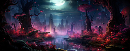 Mystical landscape with glowing trees, moonlit sky, and serene waters in a fantasy world setting. Perfect for dreamy designsの素材