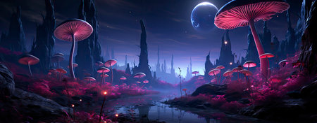 Mystical landscape with glowing trees, moonlit sky, and serene waters in a fantasy world setting. Perfect for dreamy designsの素材