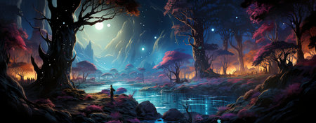 Mystical landscape with glowing trees, moonlit sky, and serene waters in a fantasy world setting. Perfect for dreamy designsの素材