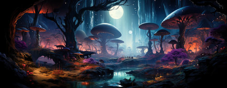 Mystical landscape with glowing trees, moonlit sky, and serene waters in a fantasy world setting. Perfect for dreamy designsの素材
