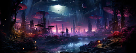 Mystical landscape with glowing trees, moonlit sky, and serene waters in a fantasy world setting. Perfect for dreamy designsの素材