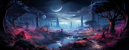 Mystical landscape with glowing trees, moonlit sky, and serene waters in a fantasy world setting. Perfect for dreamy designsの素材