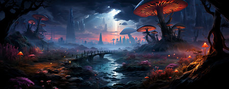 Mystical landscape with glowing trees, moonlit sky, and serene waters in a fantasy world setting. Perfect for dreamy designsの素材