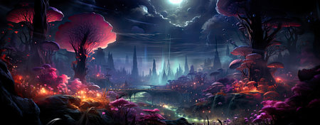 Mystical landscape with glowing trees, moonlit sky, and serene waters in a fantasy world setting. Perfect for dreamy designsの素材