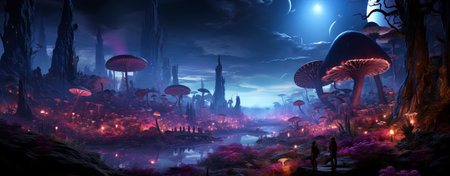Mystical landscape with glowing trees, moonlit sky, and serene waters in a fantasy world setting. Perfect for dreamy designsの素材
