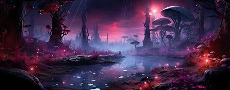 Mystical landscape with glowing trees, moonlit sky, and serene waters in a fantasy world setting. Perfect for dreamy designsの素材