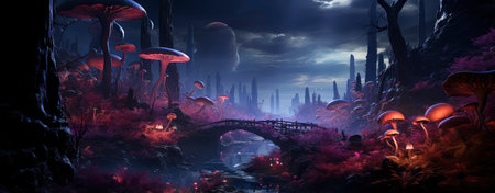 Mystical landscape with glowing trees, moonlit sky, and serene waters in a fantasy world setting. Perfect for dreamy designsの素材