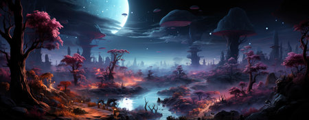 Mystical landscape with glowing trees, moonlit sky, and serene waters in a fantasy world setting. Perfect for dreamy designsの素材