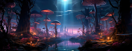 Mystical landscape with glowing trees, moonlit sky, and serene waters in a fantasy world setting. Perfect for dreamy designsの素材