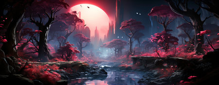 Mystical landscape with glowing trees, moonlit sky, and serene waters in a fantasy world setting. Perfect for dreamy designsの素材