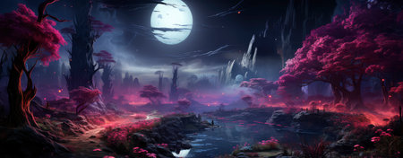 Mystical landscape with glowing trees, moonlit sky, and serene waters in a fantasy world setting. Perfect for dreamy designsの素材