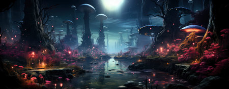 Mystical landscape with glowing trees, moonlit sky, and serene waters in a fantasy world setting. Perfect for dreamy designsの素材