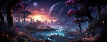 Mystical landscape with glowing trees, moonlit sky, and serene waters in a fantasy world setting. Perfect for dreamy designsの素材