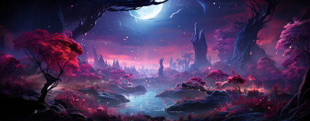 Mystical landscape with glowing trees, moonlit sky, and serene waters in a fantasy world setting. Perfect for dreamy designsの素材