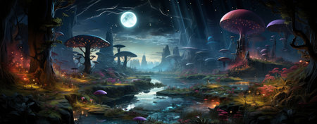 Mystical landscape with glowing trees, moonlit sky, and serene waters in a fantasy world setting. Perfect for dreamy designsの素材