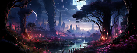 Mystical landscape with glowing trees, moonlit sky, and serene waters in a fantasy world setting. Perfect for dreamy designsの素材