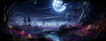 Mystical landscape with glowing trees, moonlit sky, and serene waters in a fantasy world setting. Perfect for dreamy designsの素材