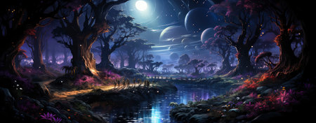 Mystical landscape with glowing trees, moonlit sky, and serene waters in a fantasy world setting. Perfect for dreamy designsの素材