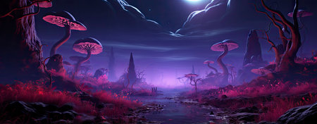 Mystical landscape with glowing trees, moonlit sky, and serene waters in a fantasy world setting. Perfect for dreamy designsの素材