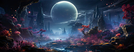 Mystical landscape with glowing trees, moonlit sky, and serene waters in a fantasy world setting. Perfect for dreamy designsの素材