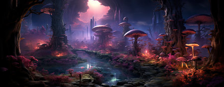 Mystical landscape with glowing trees, moonlit sky, and serene waters in a fantasy world setting. Perfect for dreamy designsの素材