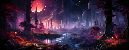 Mystical landscape with glowing trees, moonlit sky, and serene waters in a fantasy world setting. Perfect for dreamy designsの素材