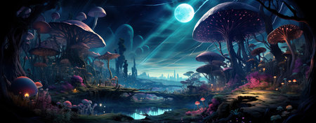 Mystical landscape with glowing trees, moonlit sky, and serene waters in a fantasy world setting. Perfect for dreamy designsの素材