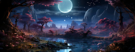 Mystical landscape with glowing trees, moonlit sky, and serene waters in a fantasy world setting. Perfect for dreamy designsの素材