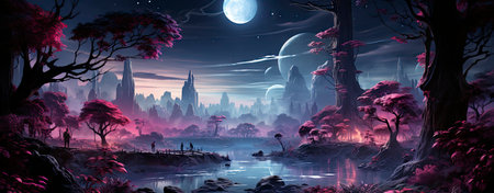 Mystical landscape with glowing trees, moonlit sky, and serene waters in a fantasy world setting. Perfect for dreamy designsの素材