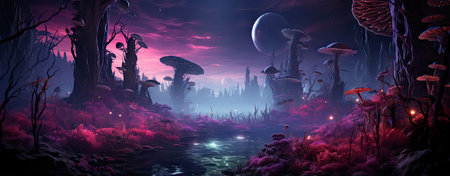 Mystical landscape with glowing trees, moonlit sky, and serene waters in a fantasy world setting. Perfect for dreamy designsの素材