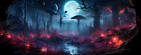 Mystical landscape with glowing trees, moonlit sky, and serene waters in a fantasy world setting. Perfect for dreamy designsの素材